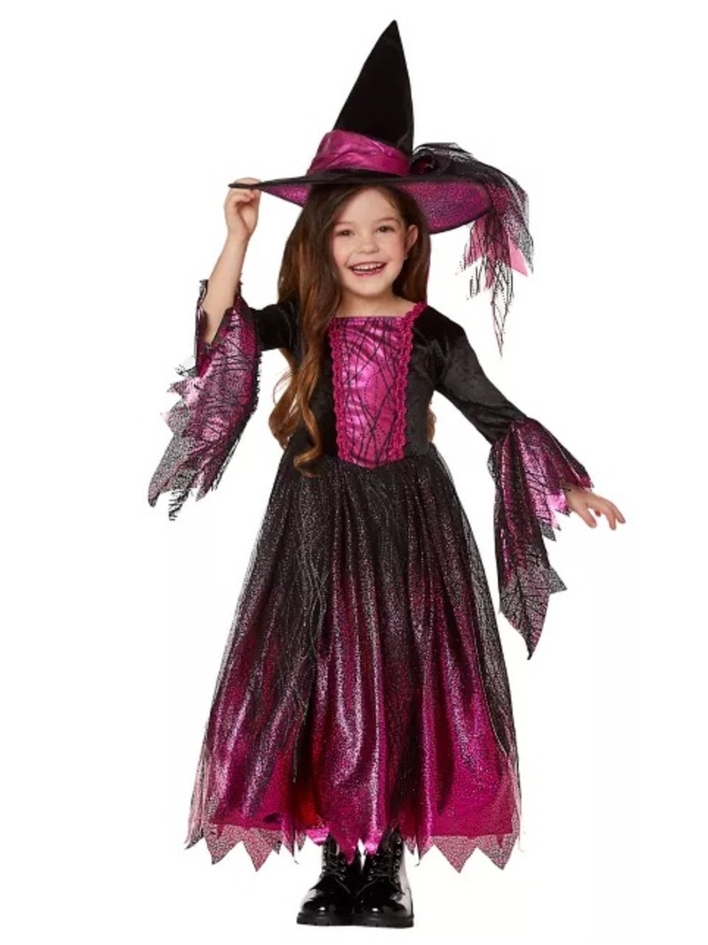 Girls' Pink and Black Witch Costume Dress with Hat and Brooms